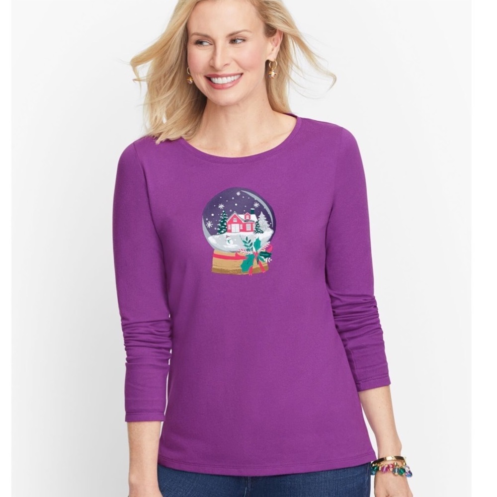 NWOT Talbots Christmas Purple Snow Globe Holiday Festive Top